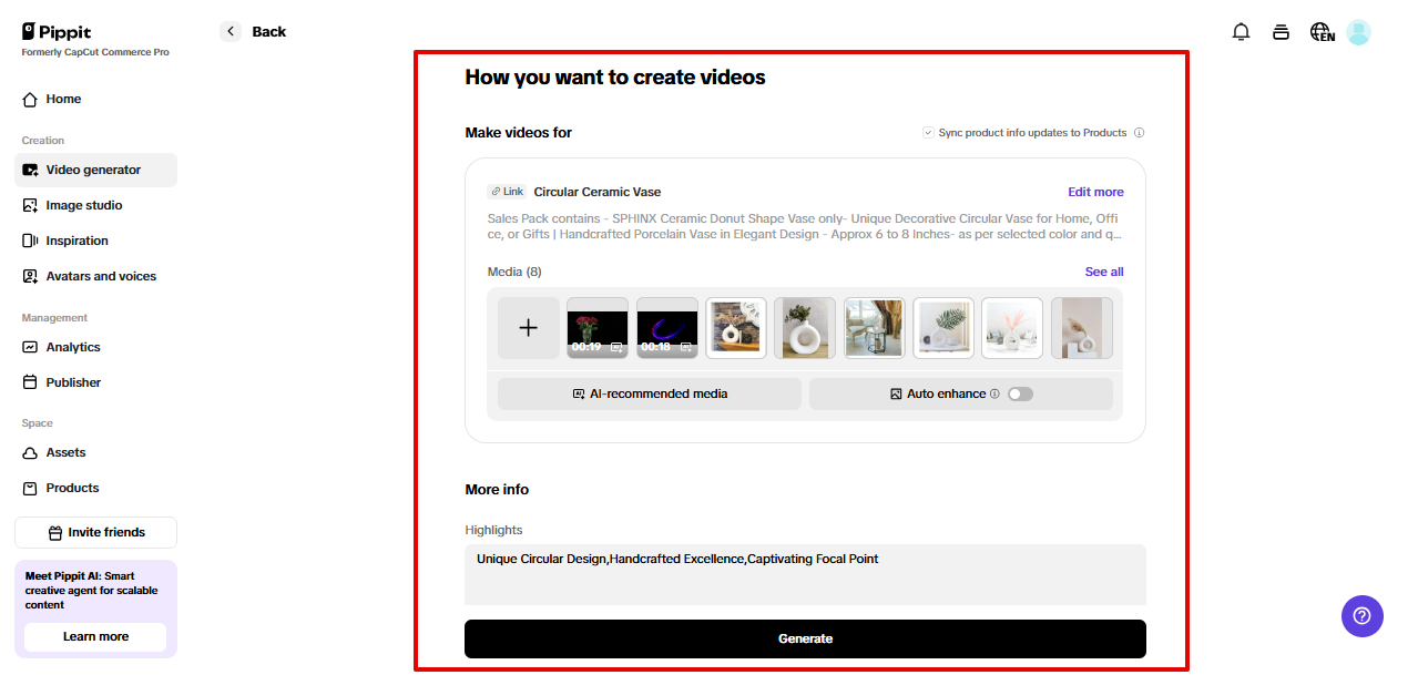 Customizing video settings in Pippit