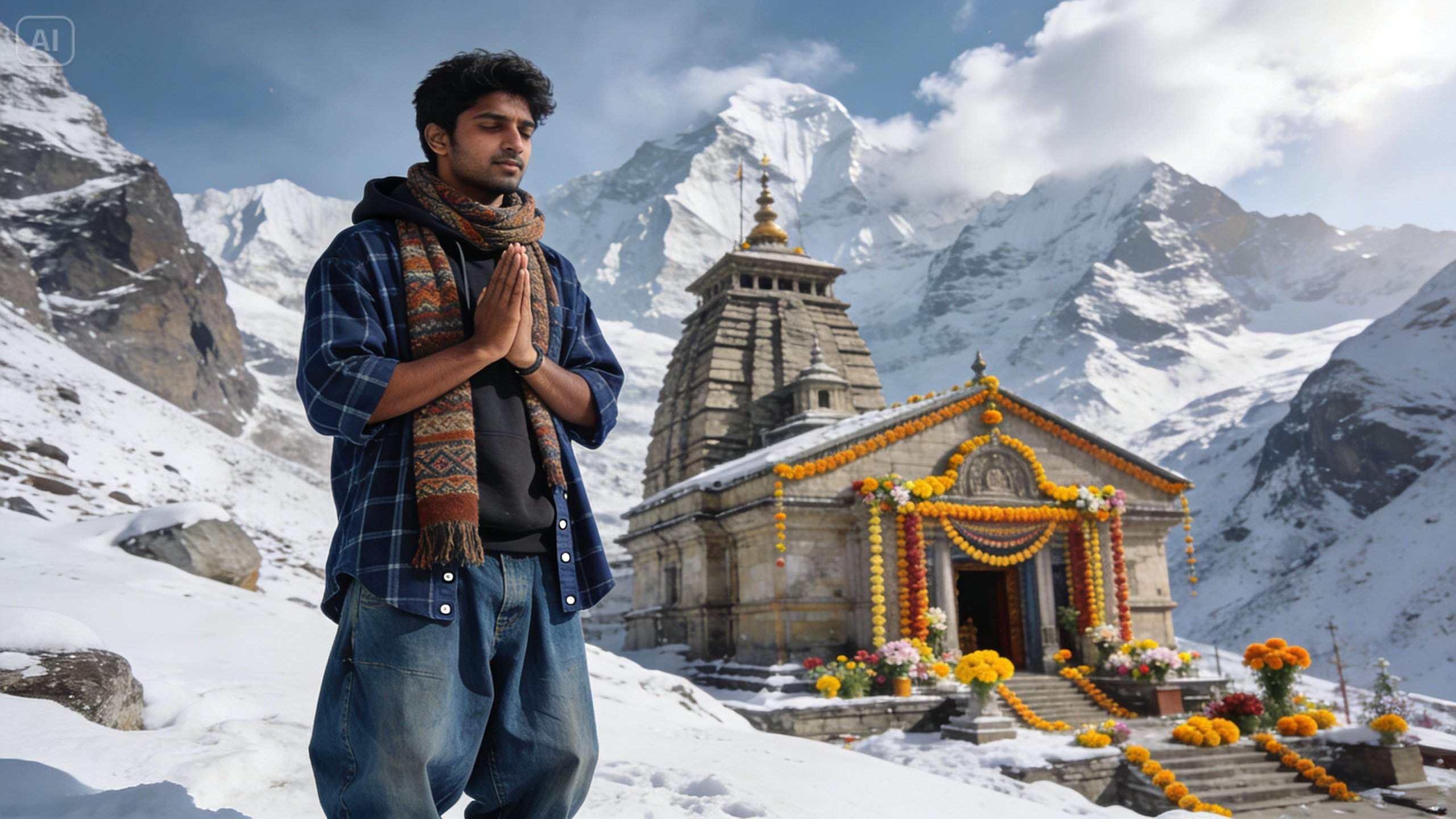 Benefit visual: respectful Kedarnath Temple design focusing on routes, weather icons, and safety checklists.