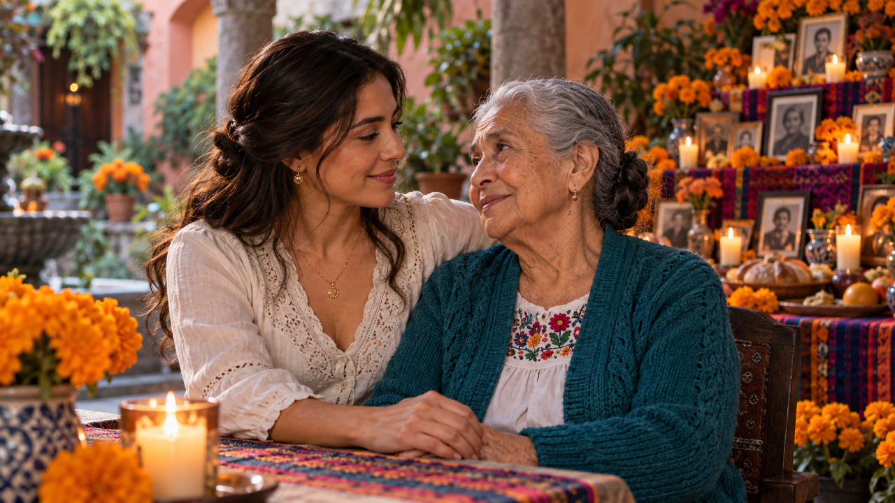 Adult daughter in a cream blouse and elderly mother in a teal cardigan seated side by side at a candlelit marigold ofrenda in an amber courtyard, hands together and faces clearly visible.