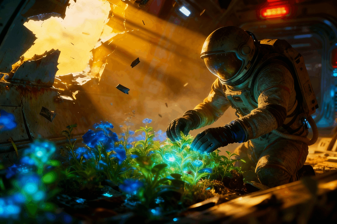 An astronaut on an alien planet 