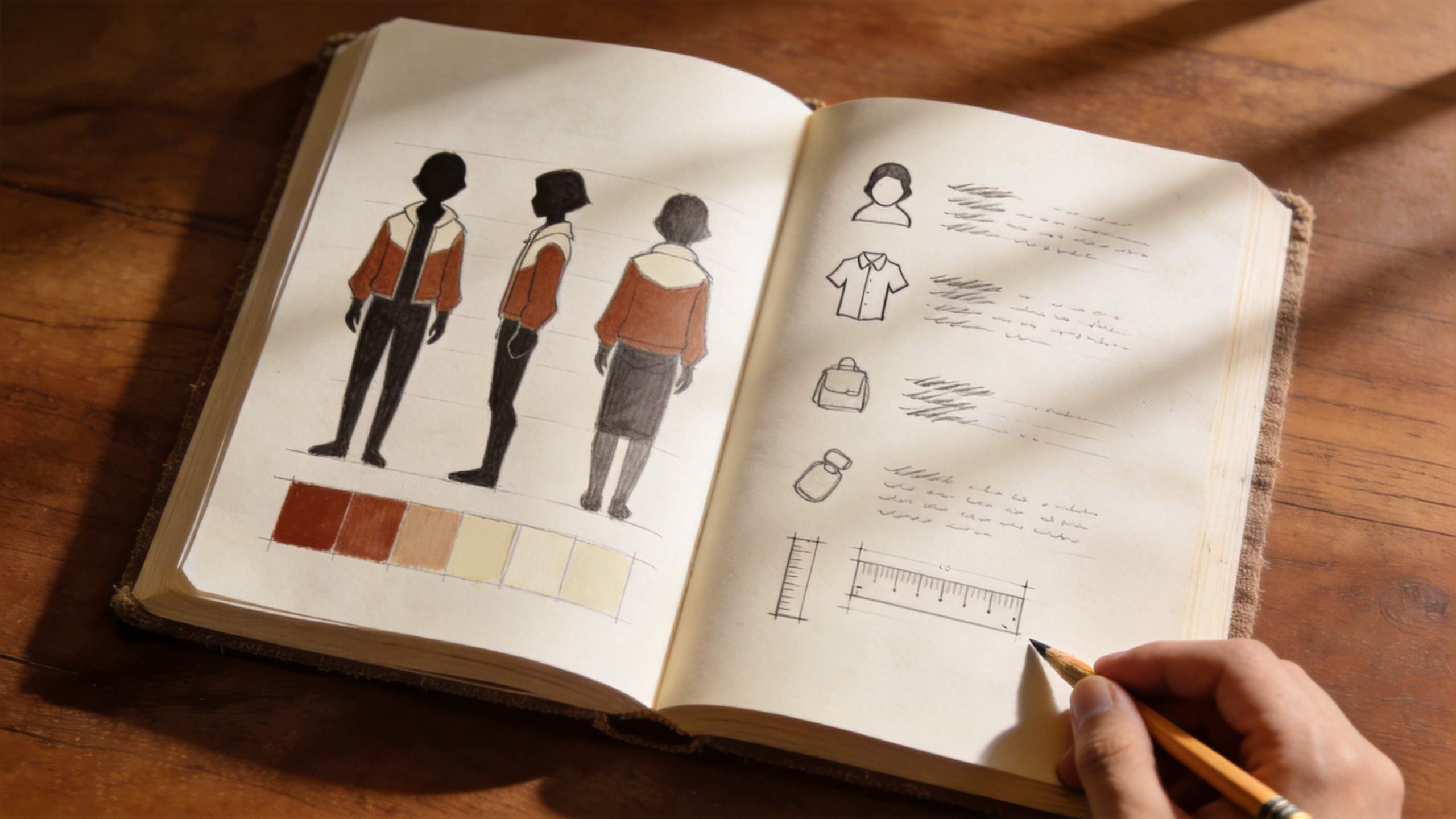 Sketchbook with character design studies, clothing notes, and color swatches beside a hand holding a pencil
