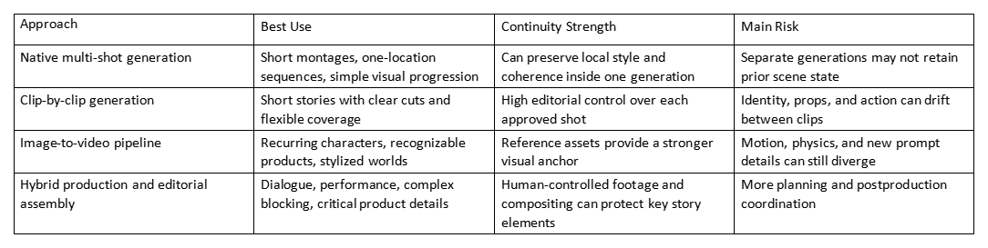 Table comparing four approaches, their best use, continuity strength, and main risk.