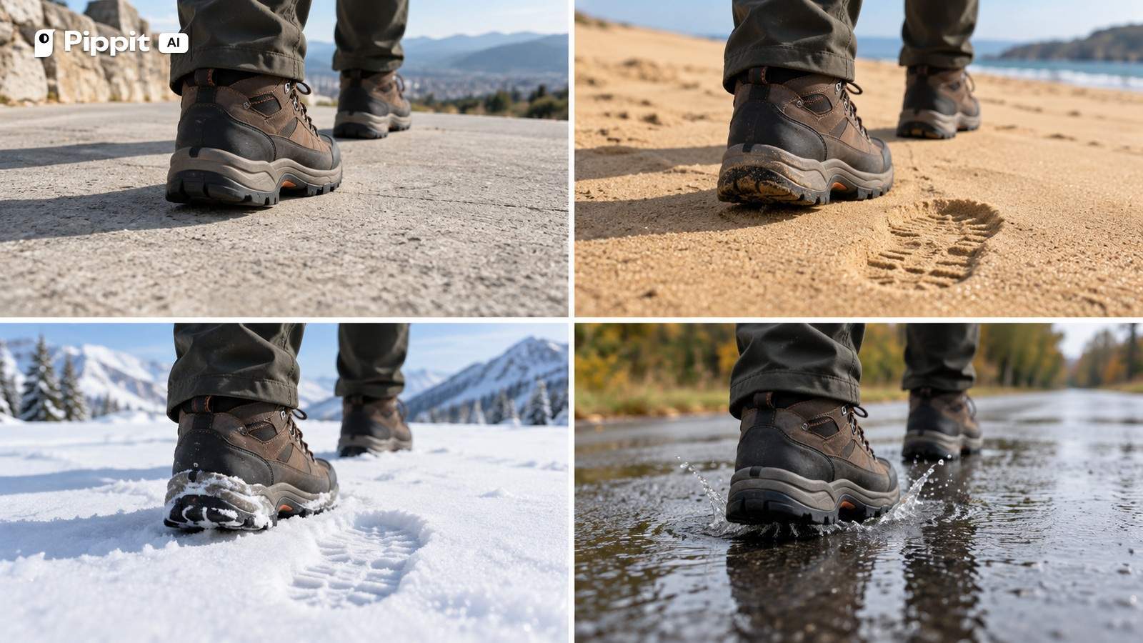 Four close views show hiking boots contacting concrete, sand, snow, and a wet road.