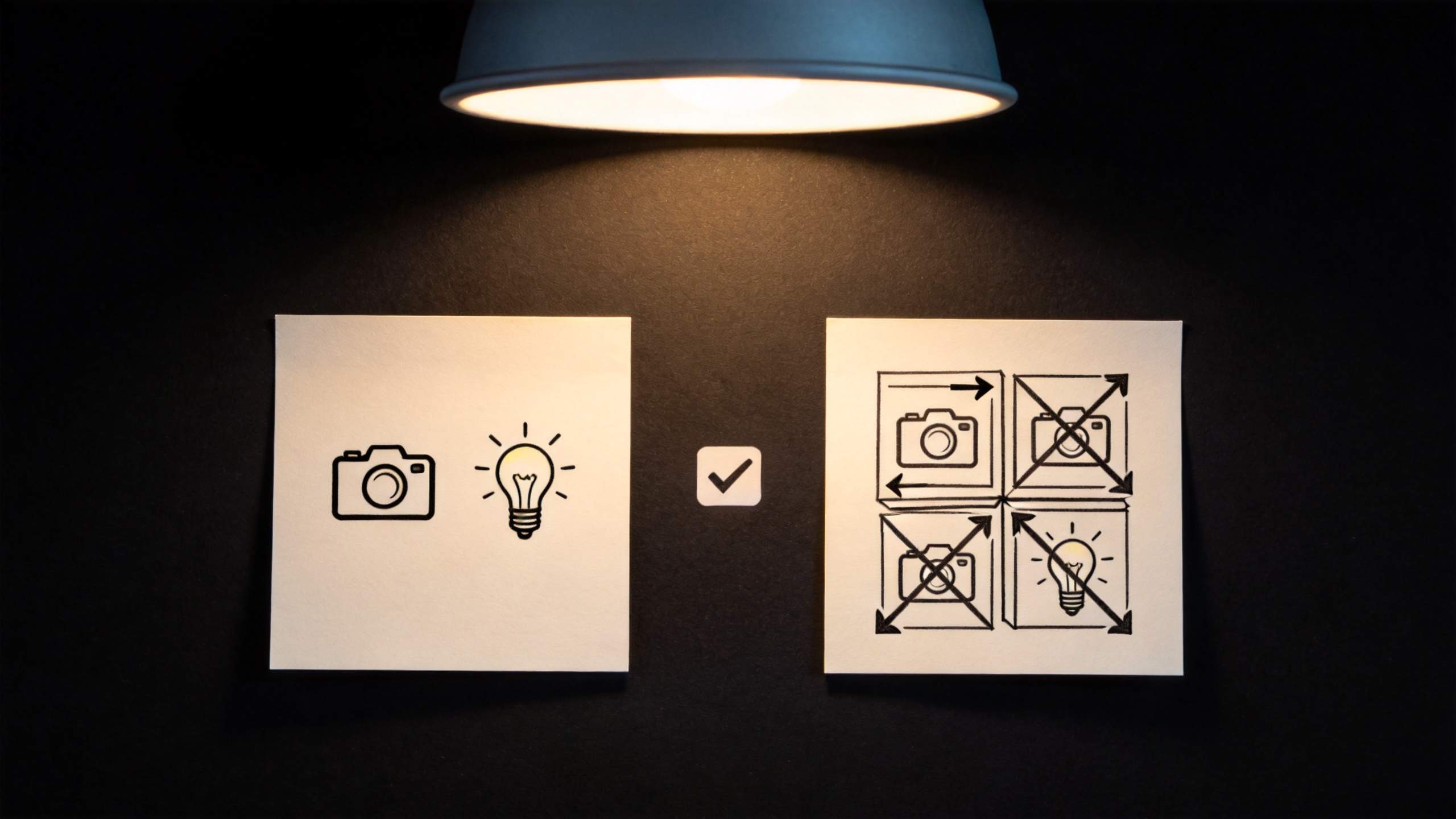 Camera and lightbulb icons on a note under a lamp, with a checked example and crossed-out variations