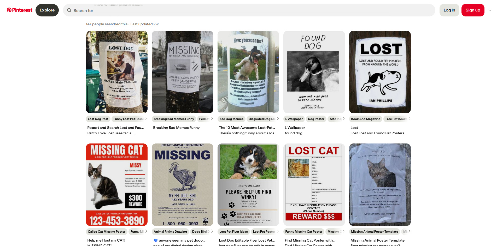 Interface of Pinterest - an online animal missing poster maker