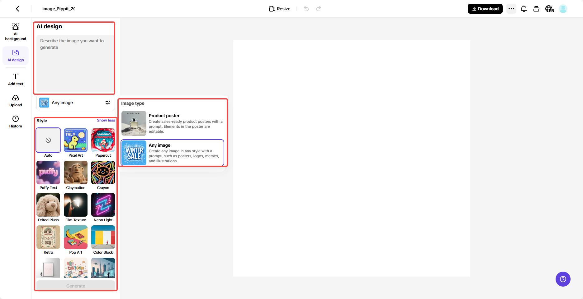 Access AI design and generate