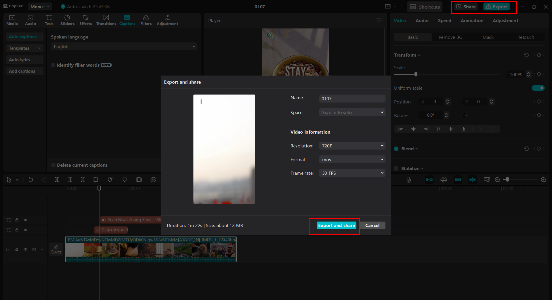 Exporting the video from the CapCut desktop video editor