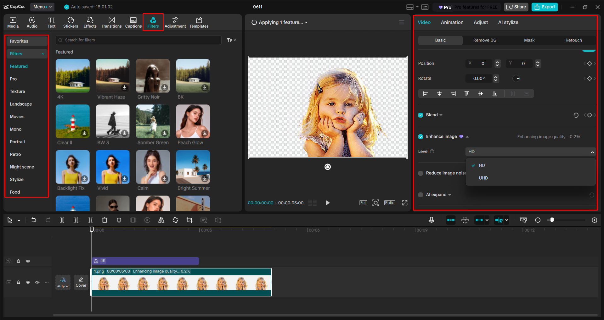 Applying filters and enhancing an image in the CapCut desktop video editor
