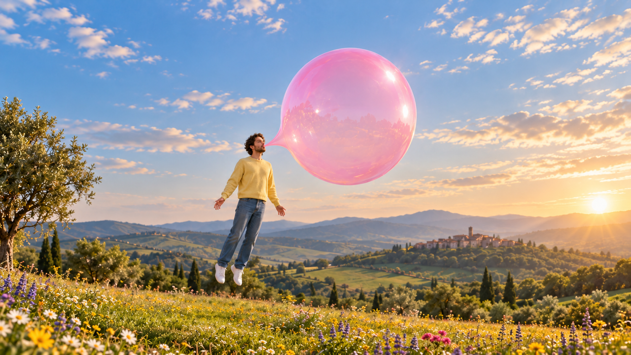 Premium 16: 9 filmisk fantasy-nyckelbild, helkropps original vuxen man blekgul tröja blå jeans som flyter något ovanför vildblommäng, enorm genomskinlig rosa bubblegumsfär ansluten direkt till läpparna med synlig smal tandköttshals, tre fjärdedels ansiktsögon synliga, avslappnade tomma händer och ben, mjuka gröna kullar varm eftermiddagsbakgrundsbelysning, hela bubblor och fötter synliga, ingen sträng ingen text.