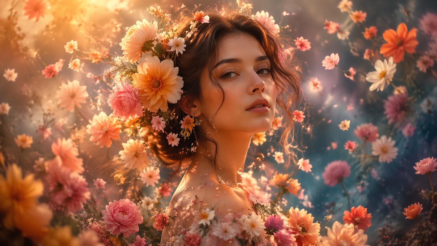 Dreamina fügt Blumen zur Fotoaufforderung hinzu Beispiel 6: Porträt mit floraler Aura