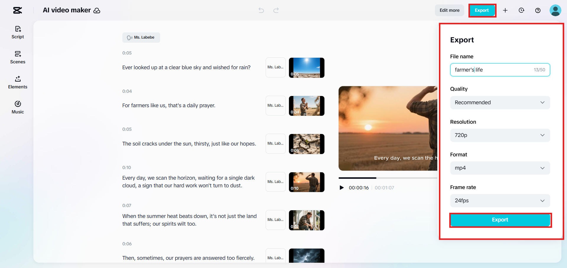 CapCut export page with video settings