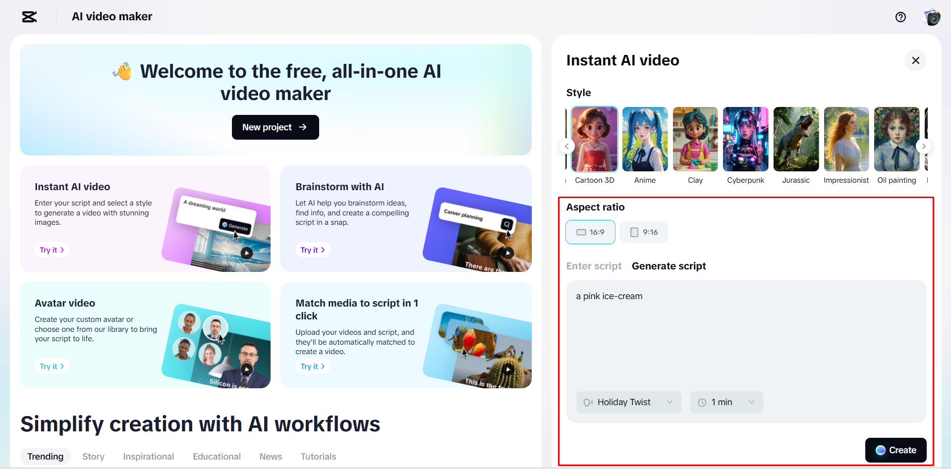 Creating a script and a video with CapCut's AI video maker