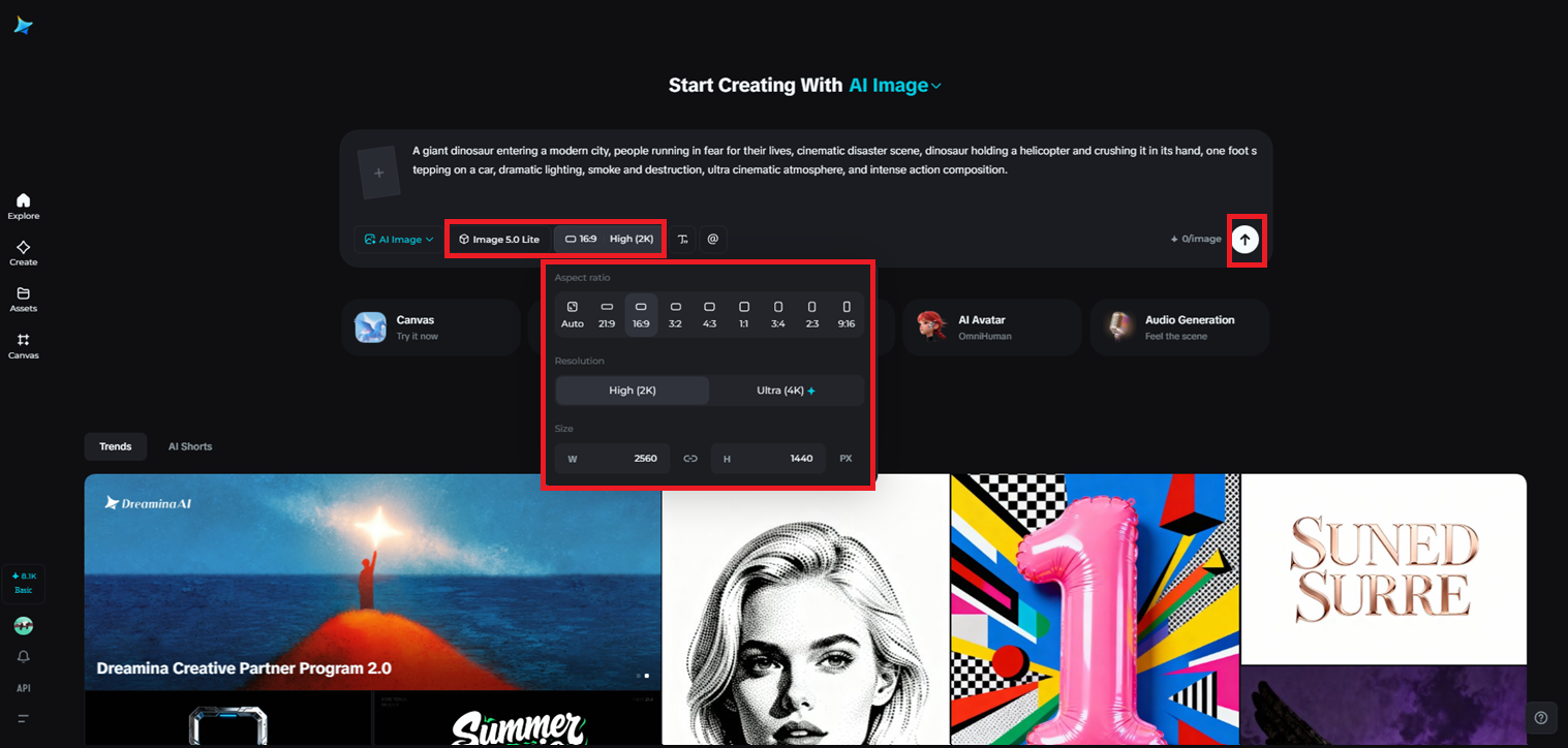 Select Seedream 5.0 and adjust settings