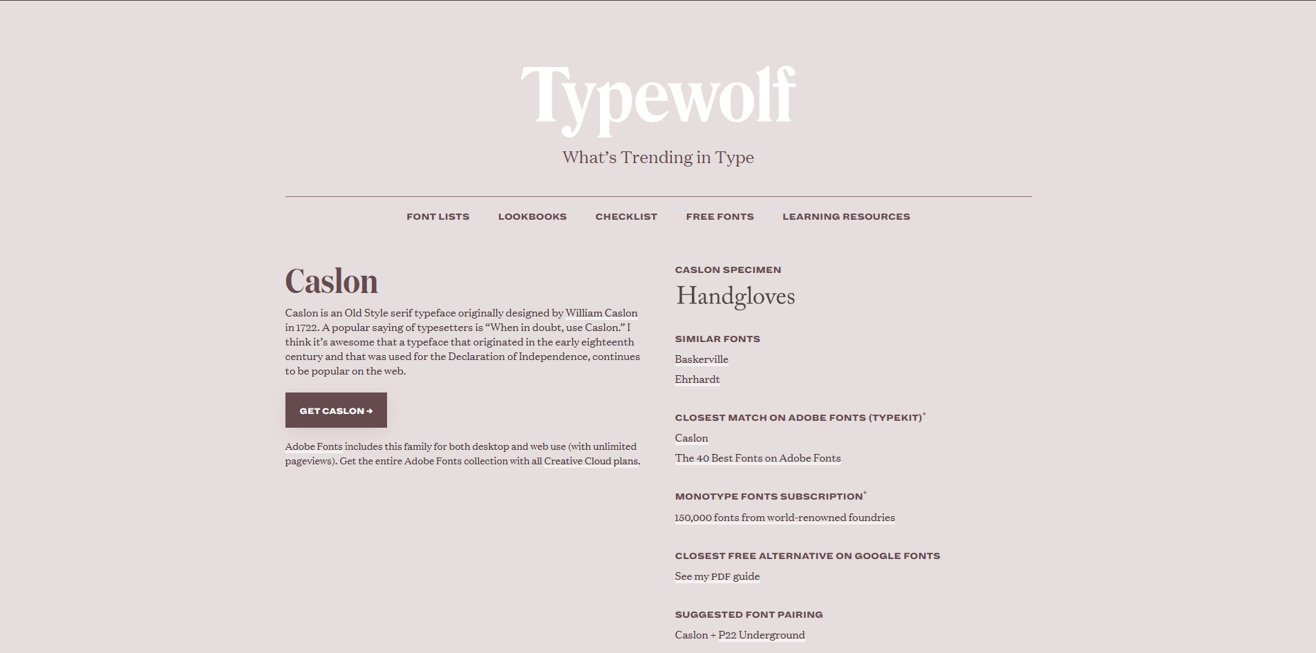 Interface of Typewolf - a good resource for Caslon fonts