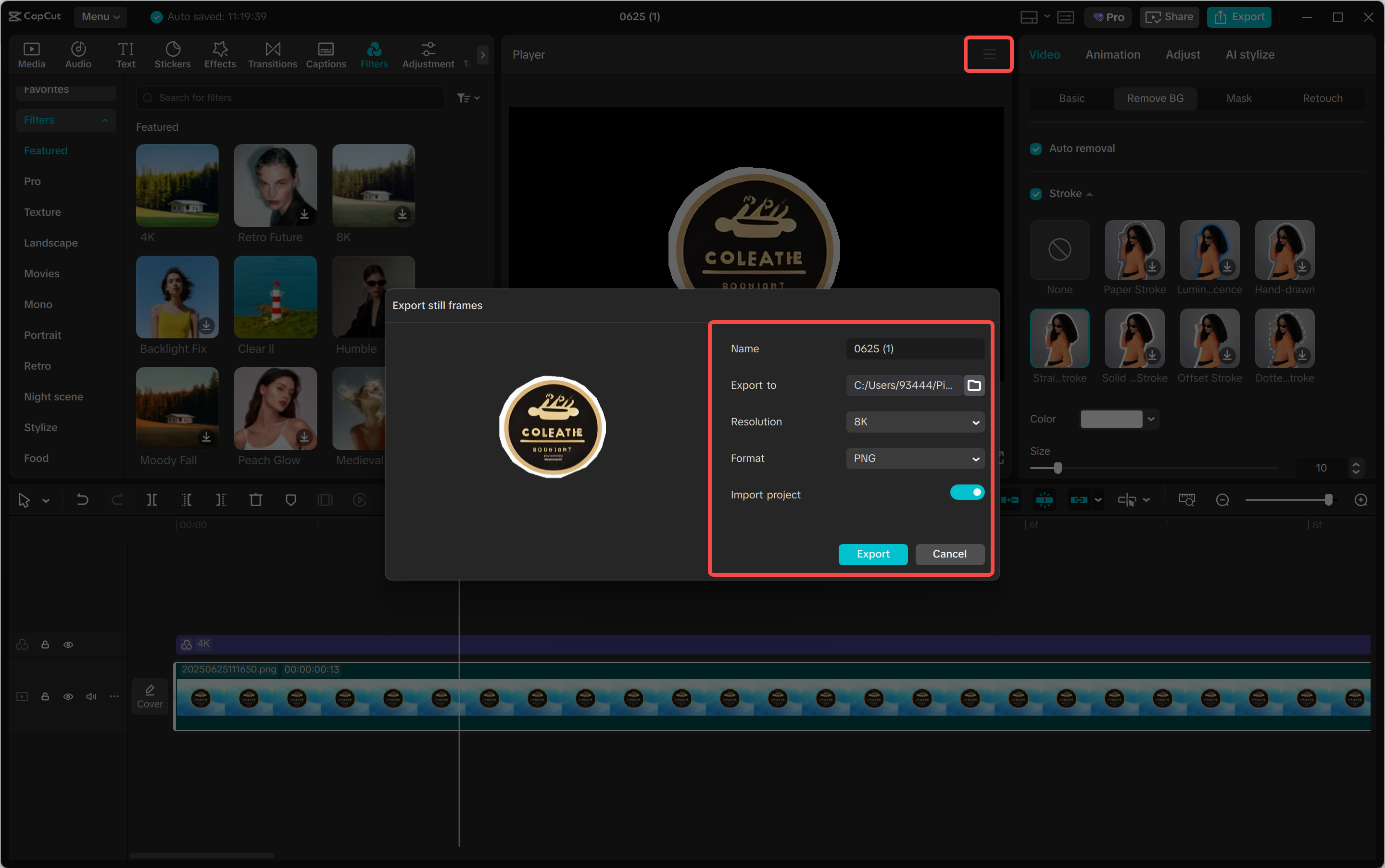 Export an image from the CapCut desktop video editor