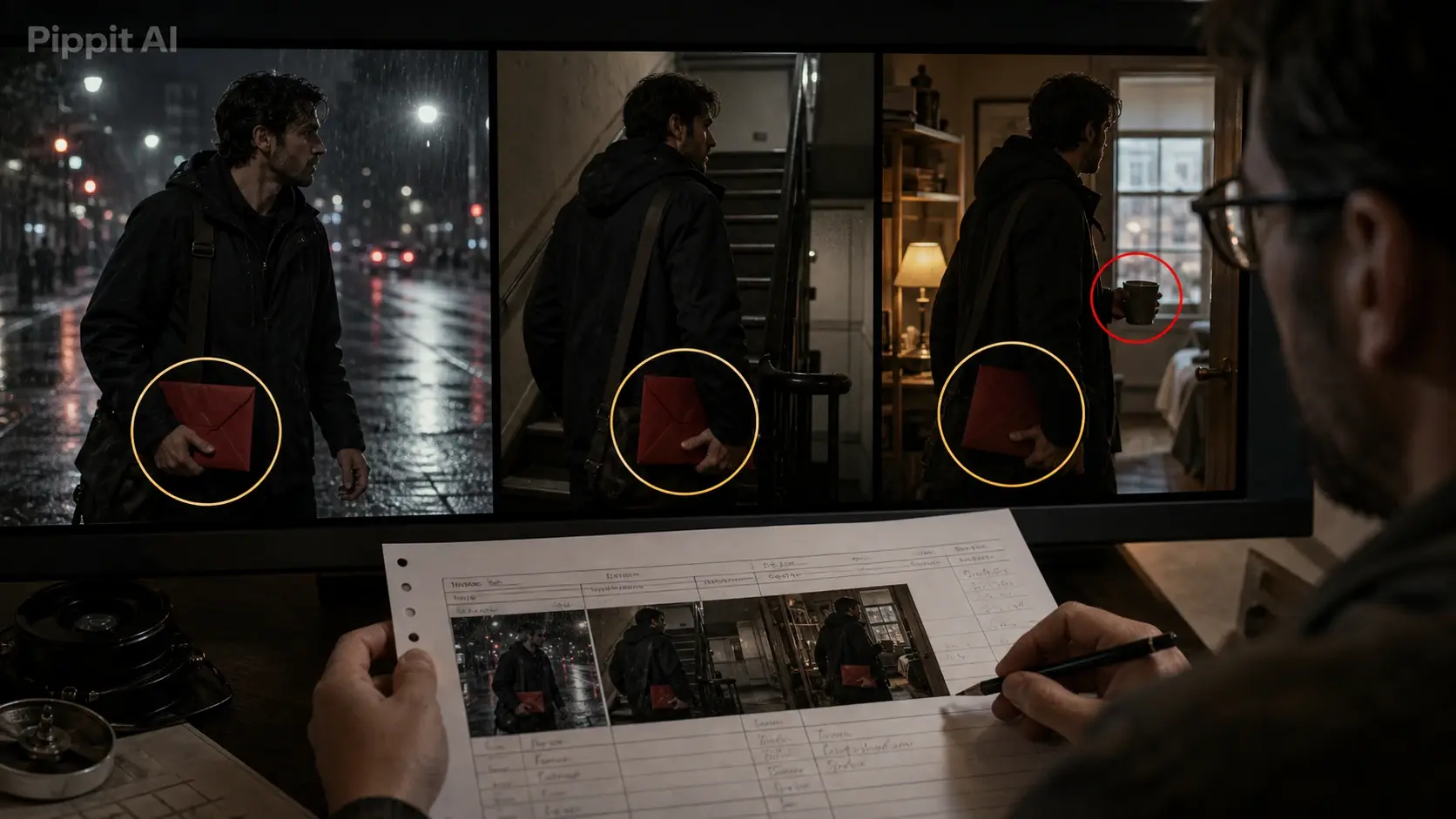 Film editor reviewing three scene frames showing a man with a red envelope in different settings