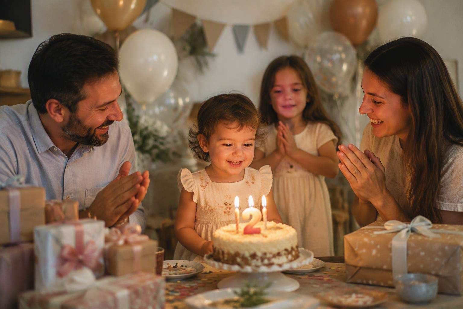 Realistic cinematic visual for Happy 2nd Birthday Child: family birthday celebration, topic-specific Dreamina prompt preview with no text, UI, logo, or watermark.