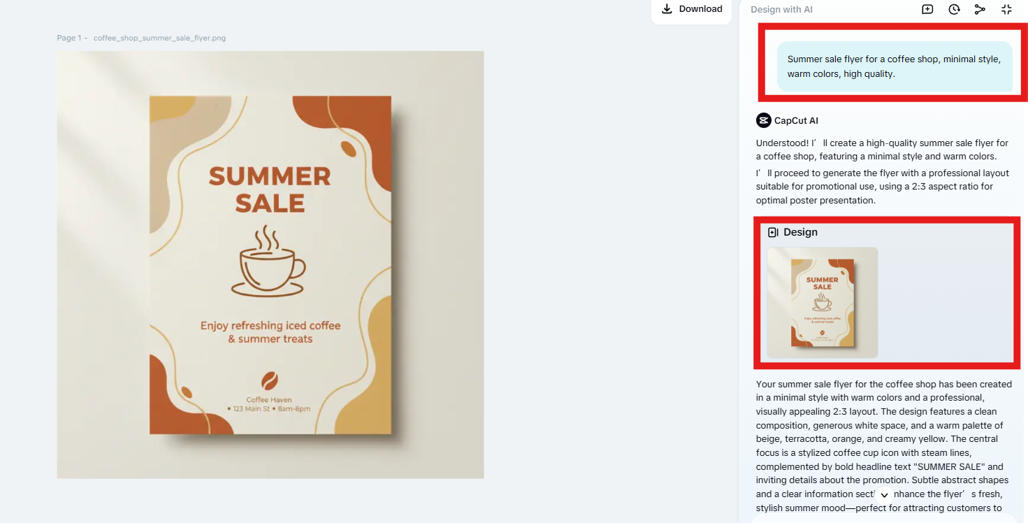 AI generated coffee shop flyer displayed in CapCut interface
