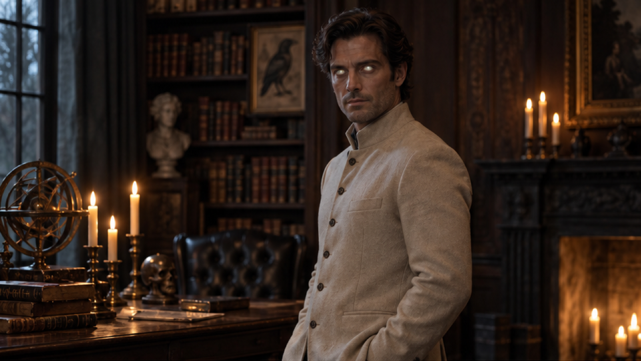 An adult actor in a fully buttoned beige jacket with softly glowing pale eyes, candlelit study with books and an antique desk, composed face, atmospheric supernatural cinema