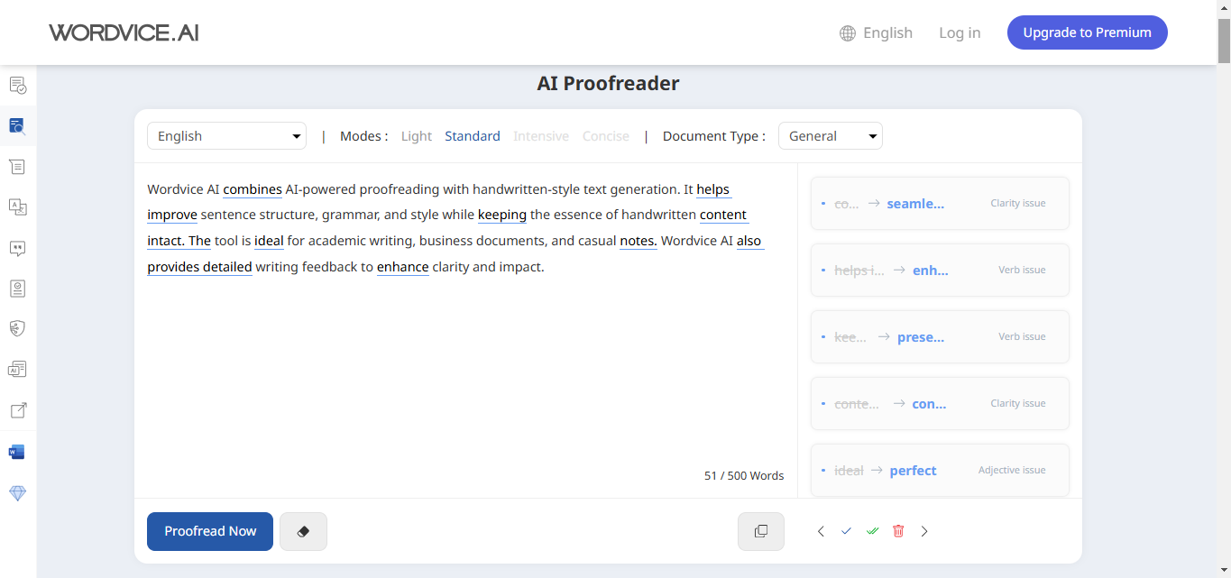 Interface of Wordvice AI - the popular tool to write text online for free