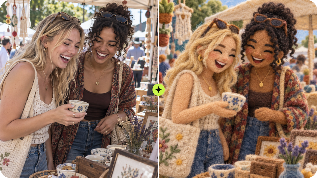 Friends at an outdoor market transformed from a candid photo into a fluffy felt-style scene