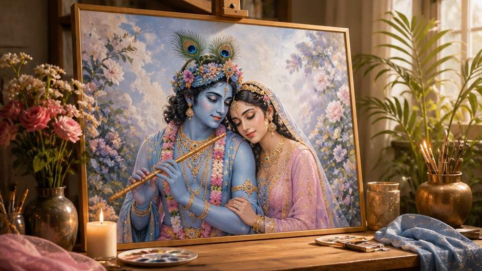 respectful Radha Krishna devotional couple artwork visual