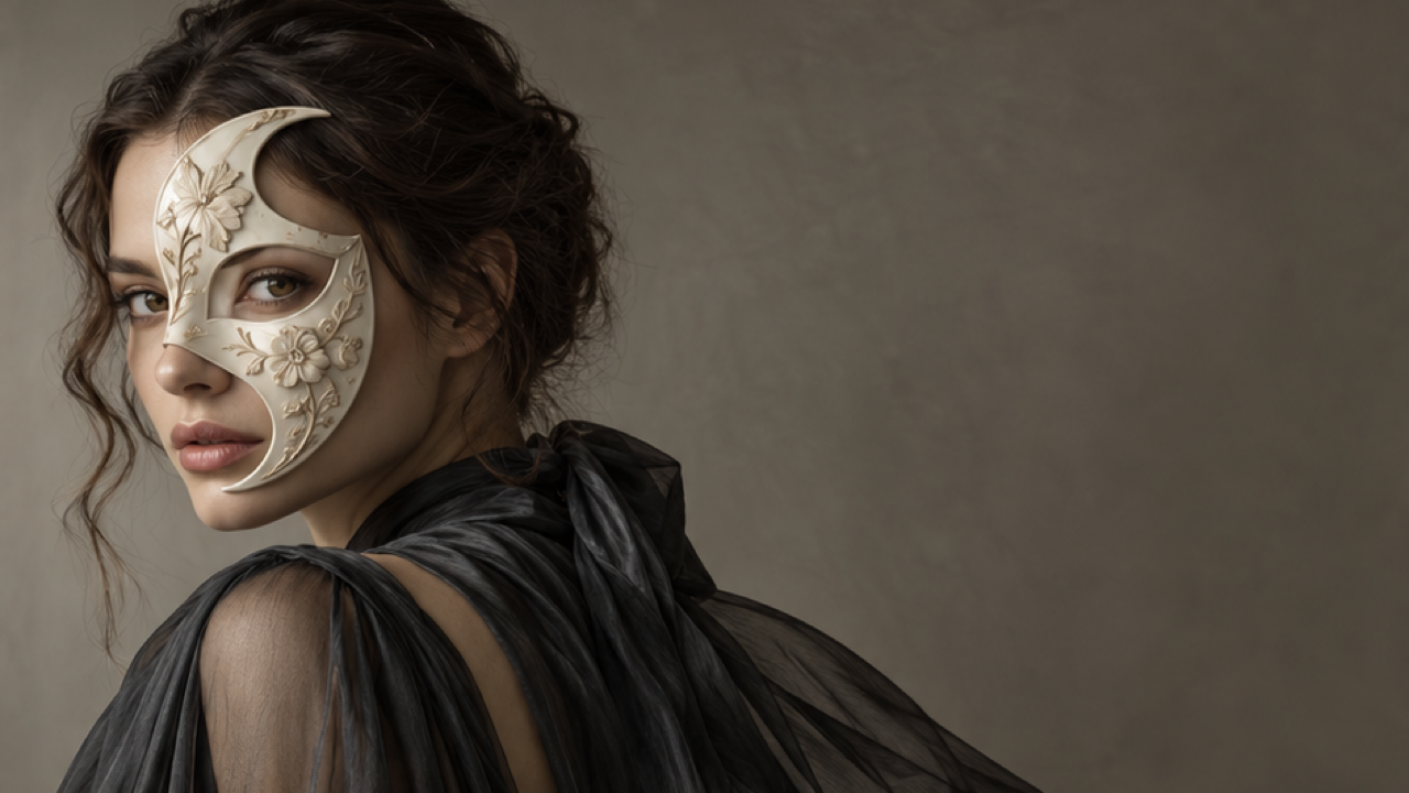 16:9 fine-art adult female portrait on left third, ivory porcelain crescent half mask with visible eyes, charcoal silk garment and warm-gray negative space, soft sculptural studio light.