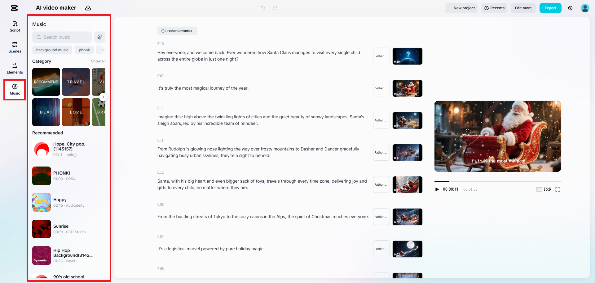 영상에 맞는 이상적인 음악을 선택하세요