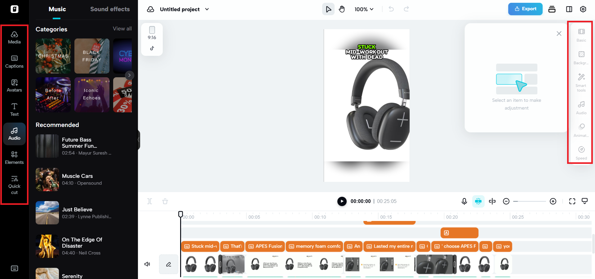Editing options on either side of the canvas