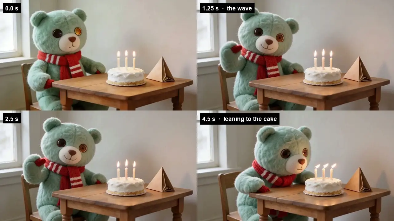 Mint teddy bear in a scarf waves at a birthday cake with lit candles