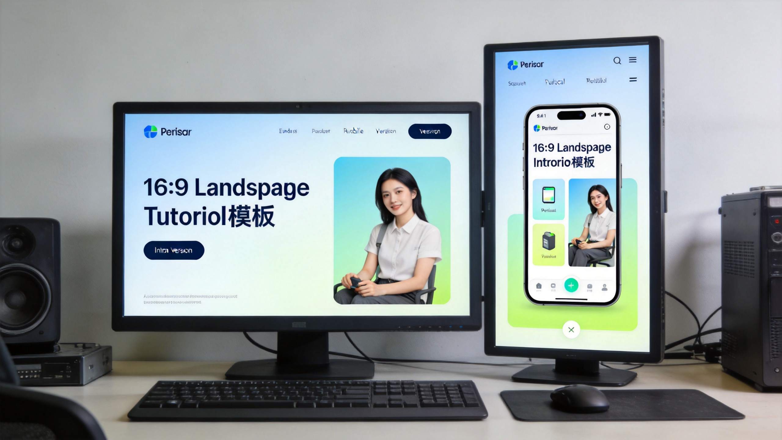 Dual monitors show a 16:9 tutorial template on desktop and mobile layouts