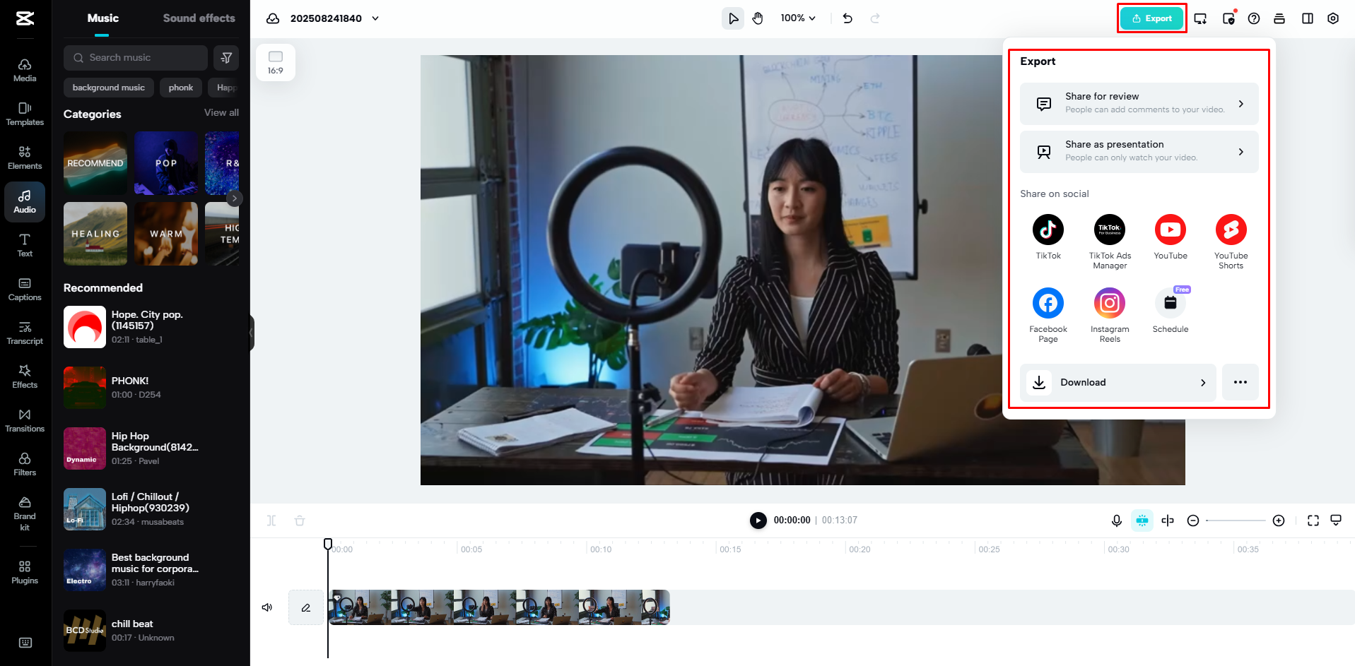 Exportieren des Videos aus CapCut Web