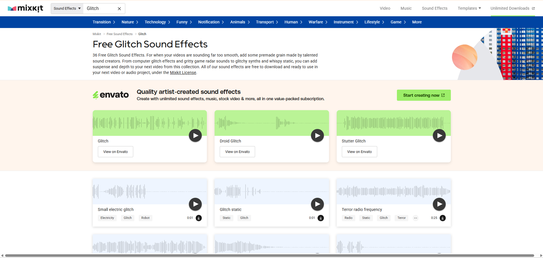 Interfejs Mixkit - idealne miejsce do pobierania efektów dźwiękowych glitch w MP3