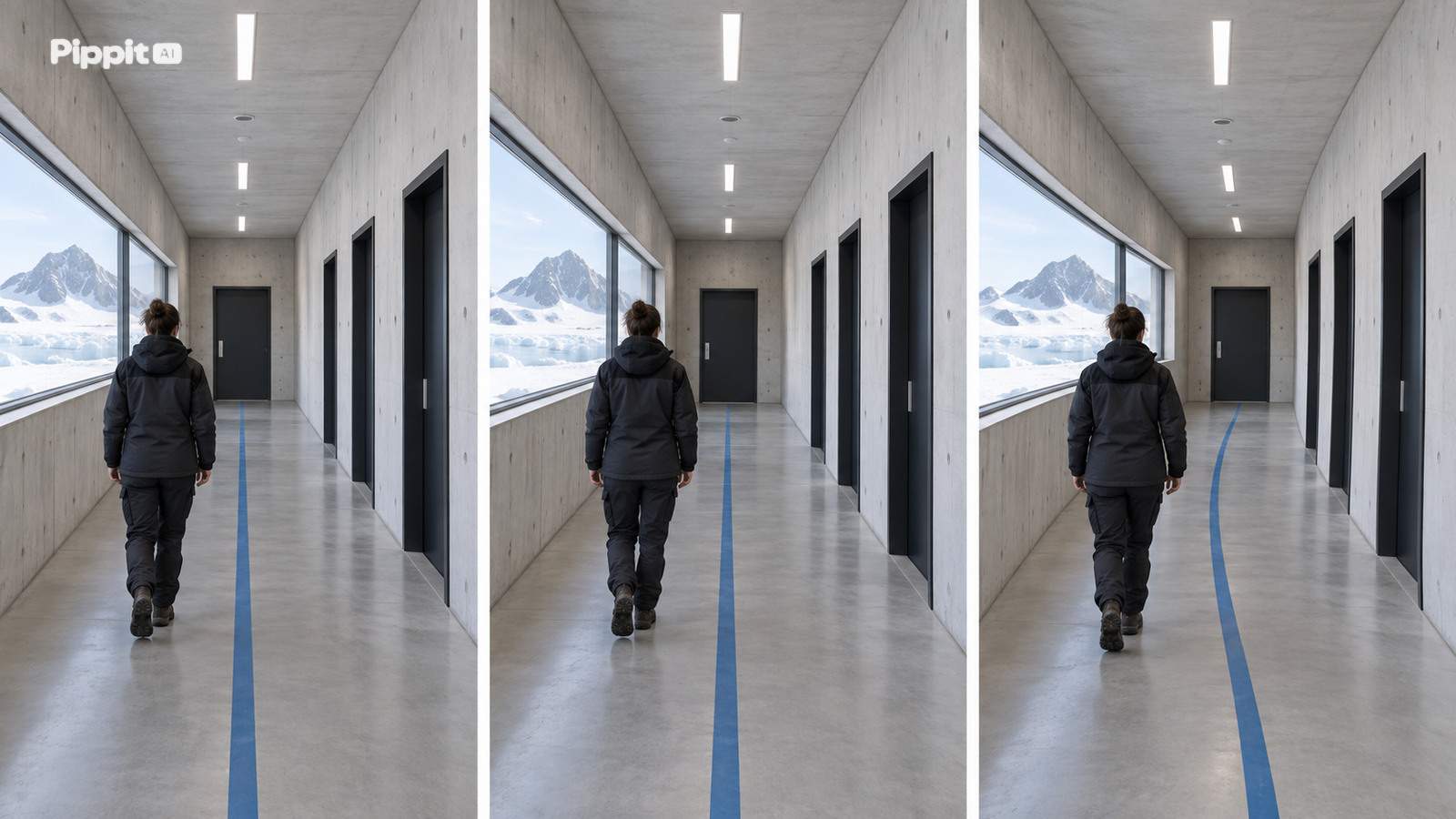 Three matching views compare stable and warped geometry in a research station corridor.