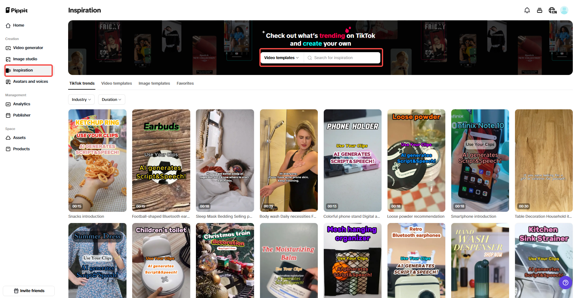 Go to Pippit and click on "Inspiration"