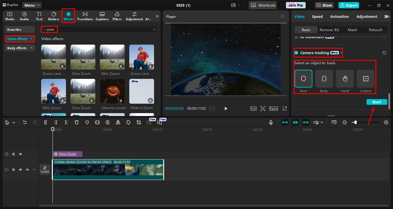 Applying and fine-tuning the zoom effect in the CapCut desktop video editor
