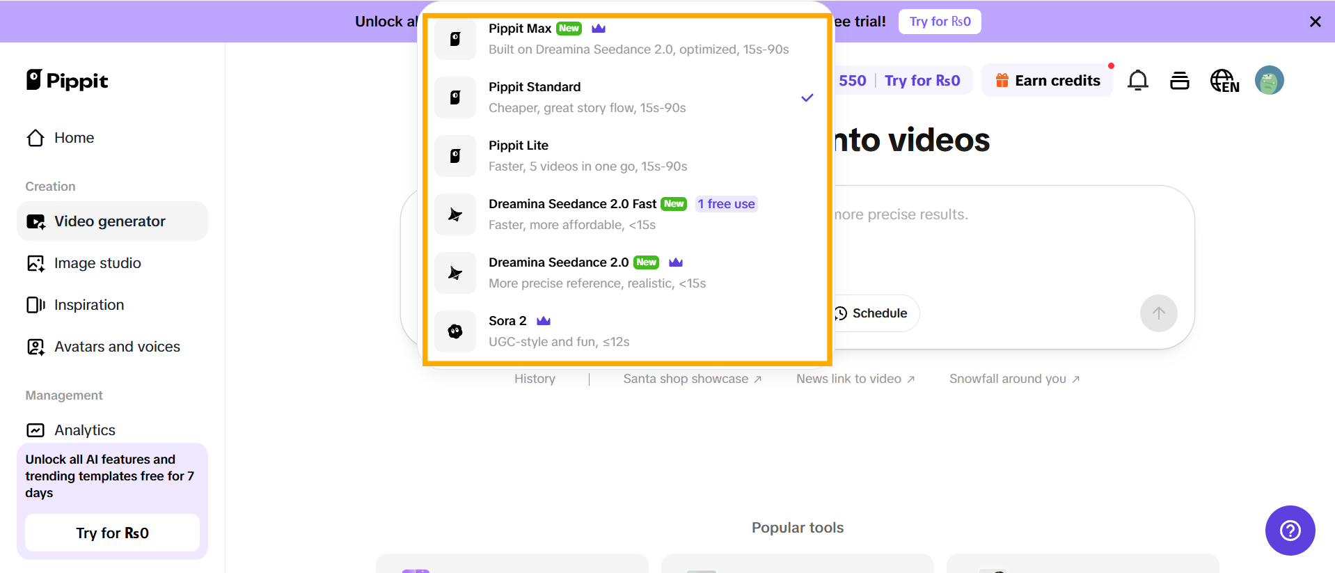 Pippit AI oluşturma modu ve video ayarları ekranı
