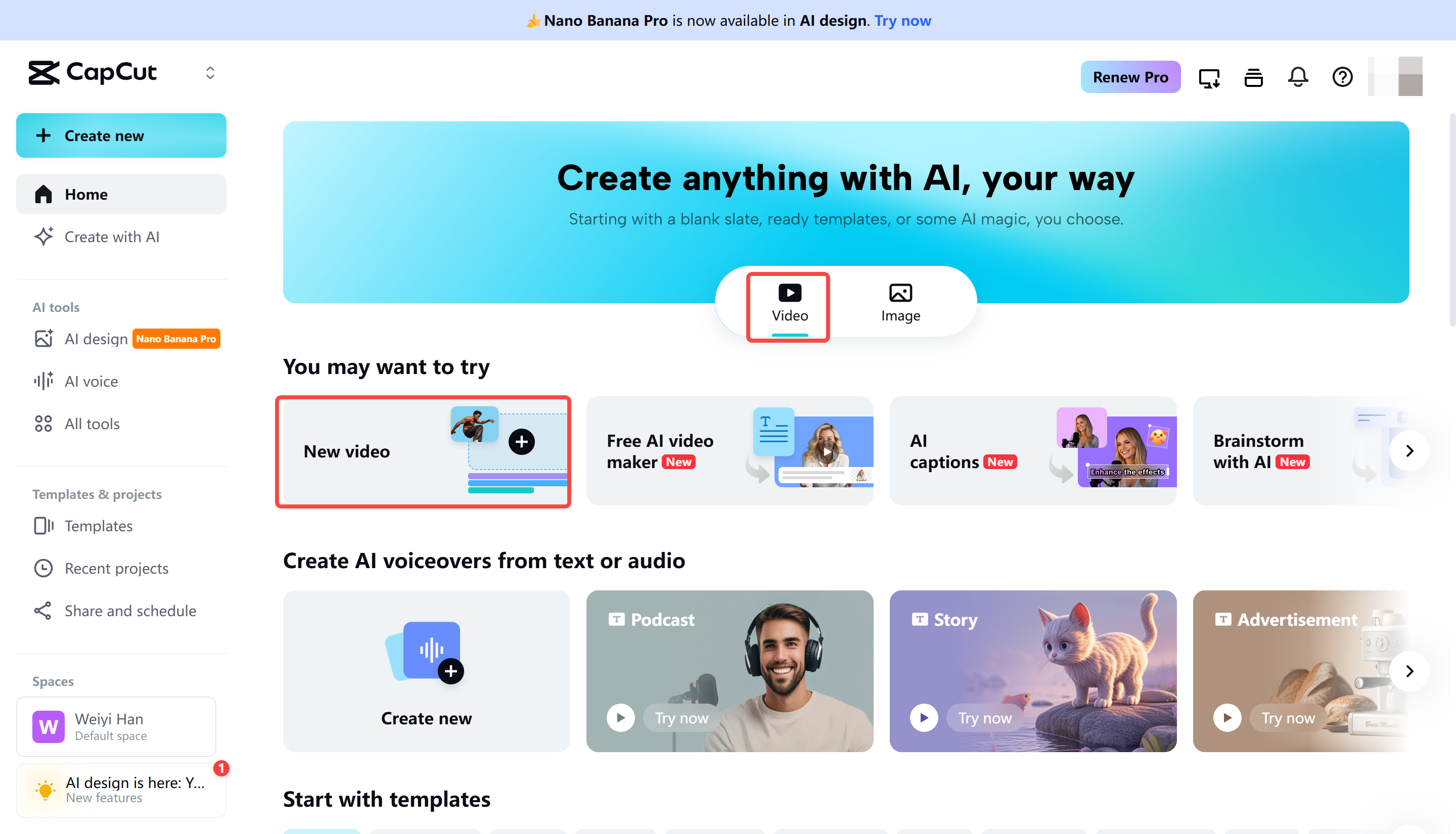 Creating a new video for the CapCut online video editor