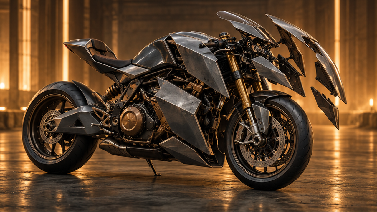 Illustrative AI Motorcycle Transformation example: an industrial panel reveal