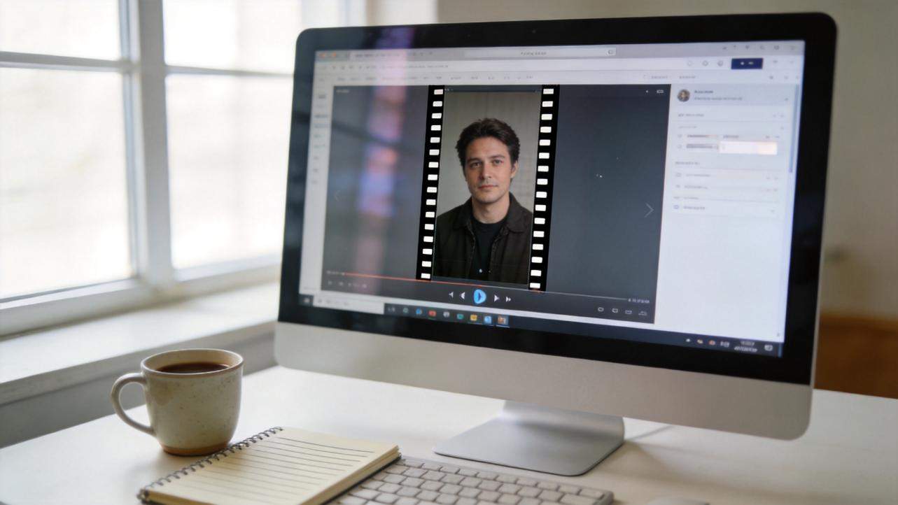 Desktop monitor shows a vertical video editor preview with a portrait clip centered on screen