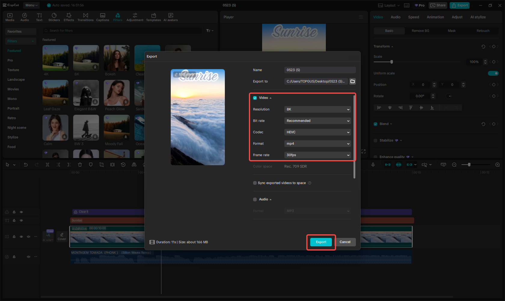 Export the Instagram video in high quality