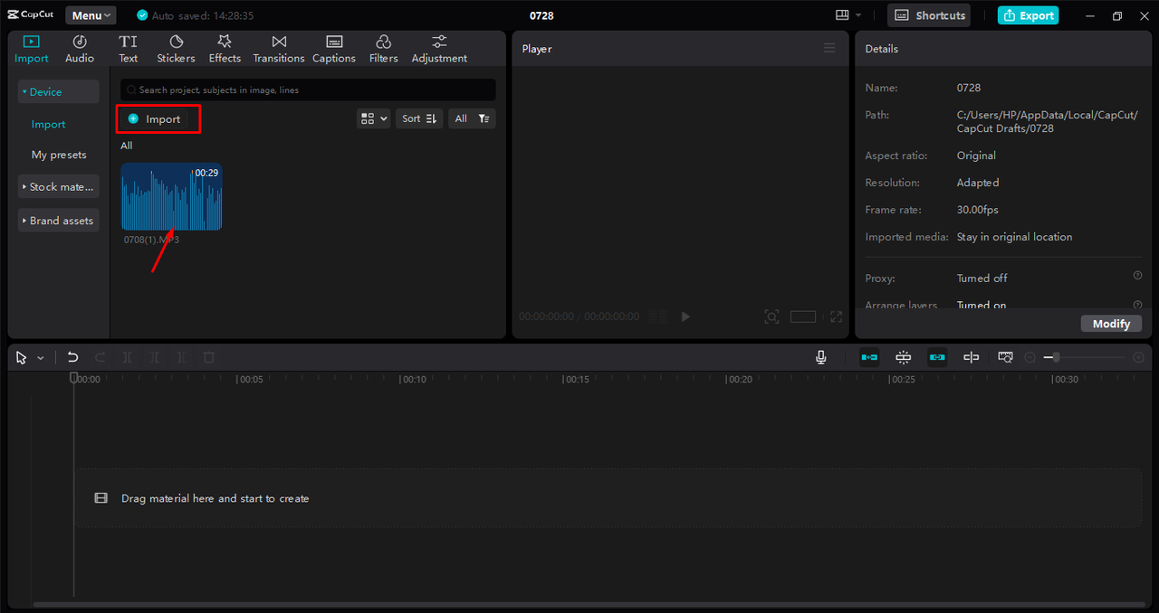 Upload Audio File to CapCut