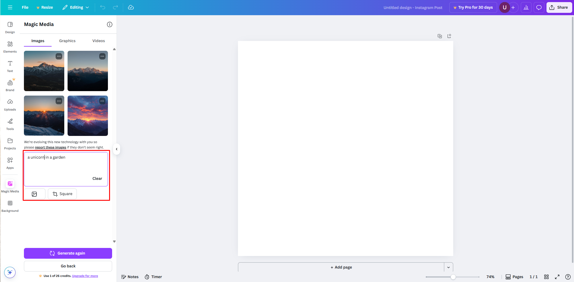 Введення текстового запиту в Canva для генерації зображень