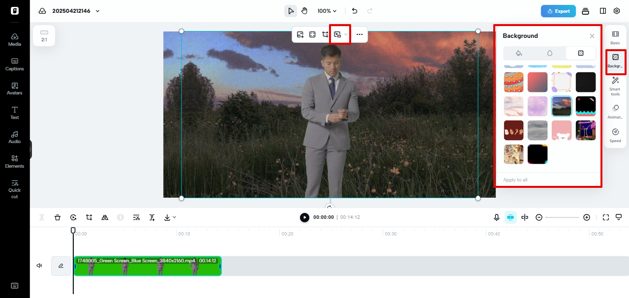 Replacing the green screen backdrop in Pippit