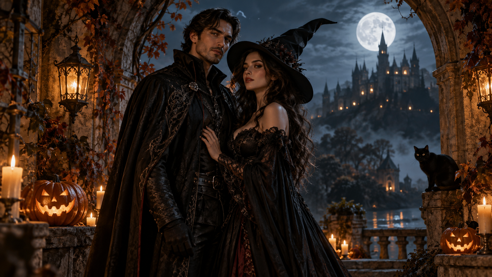 Witch and wizard couple: Two fictional adults in coordinated dark magical outfits beneath a moonlit arch, balanced couple portrait