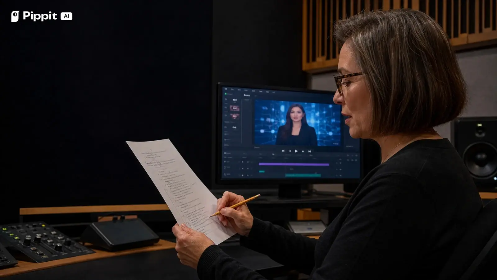 A script editor reads a marked page aloud beside an AI avatar test preview.