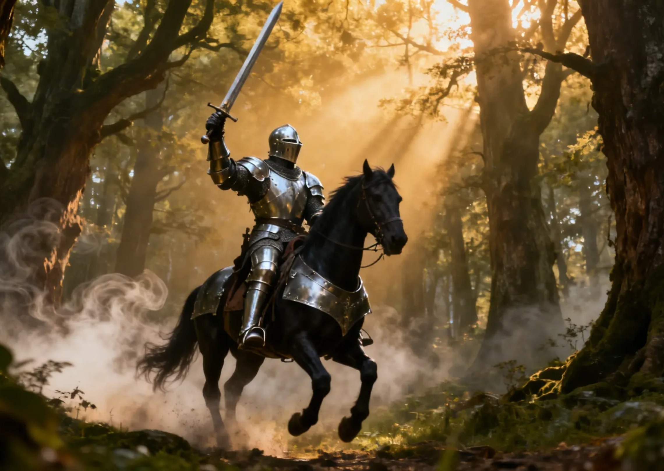 A brave knight riding a black horse