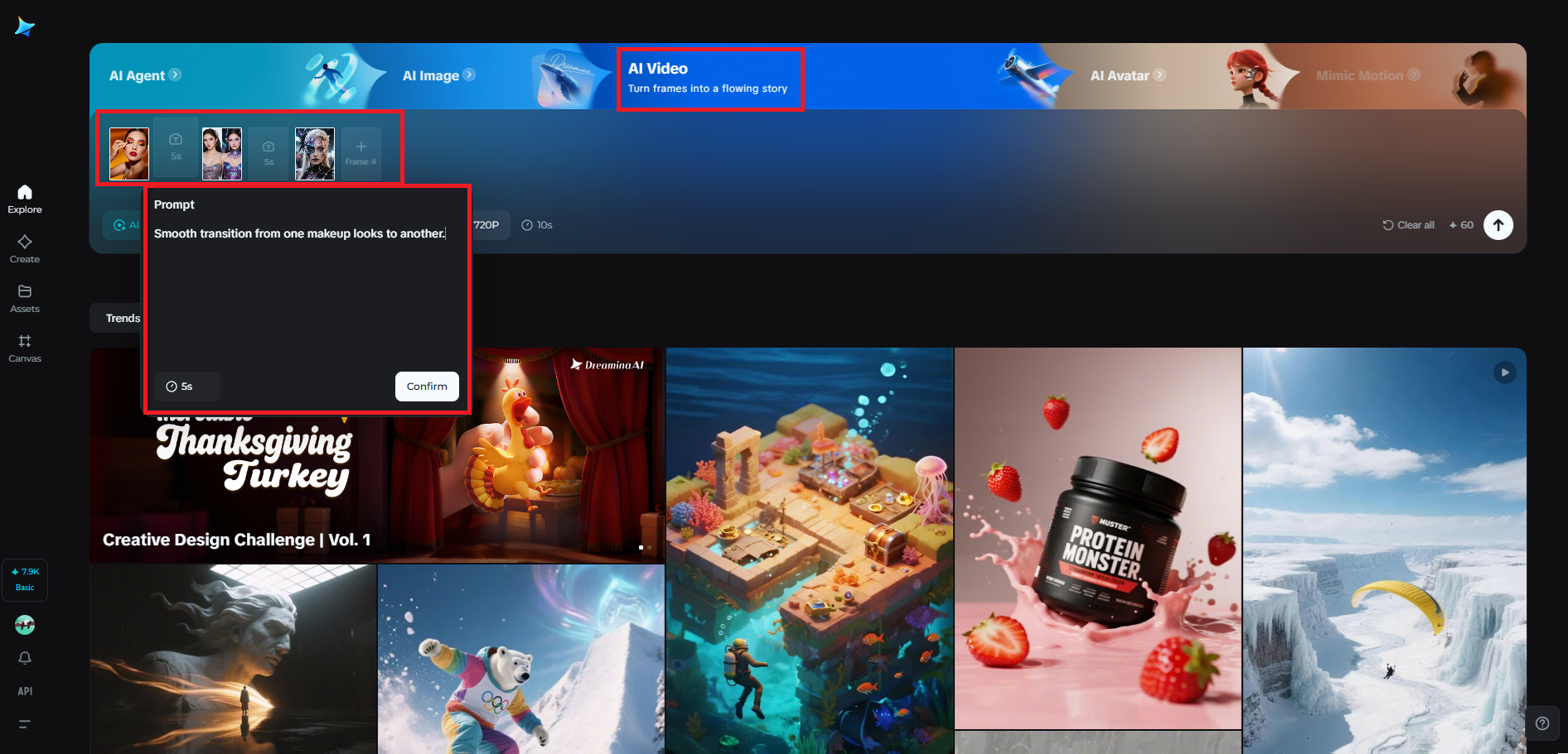 Multiframes video generation feature in Dreamina