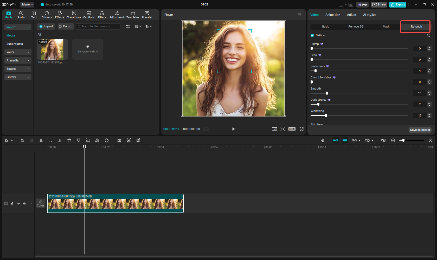Retouch feature in CapCut