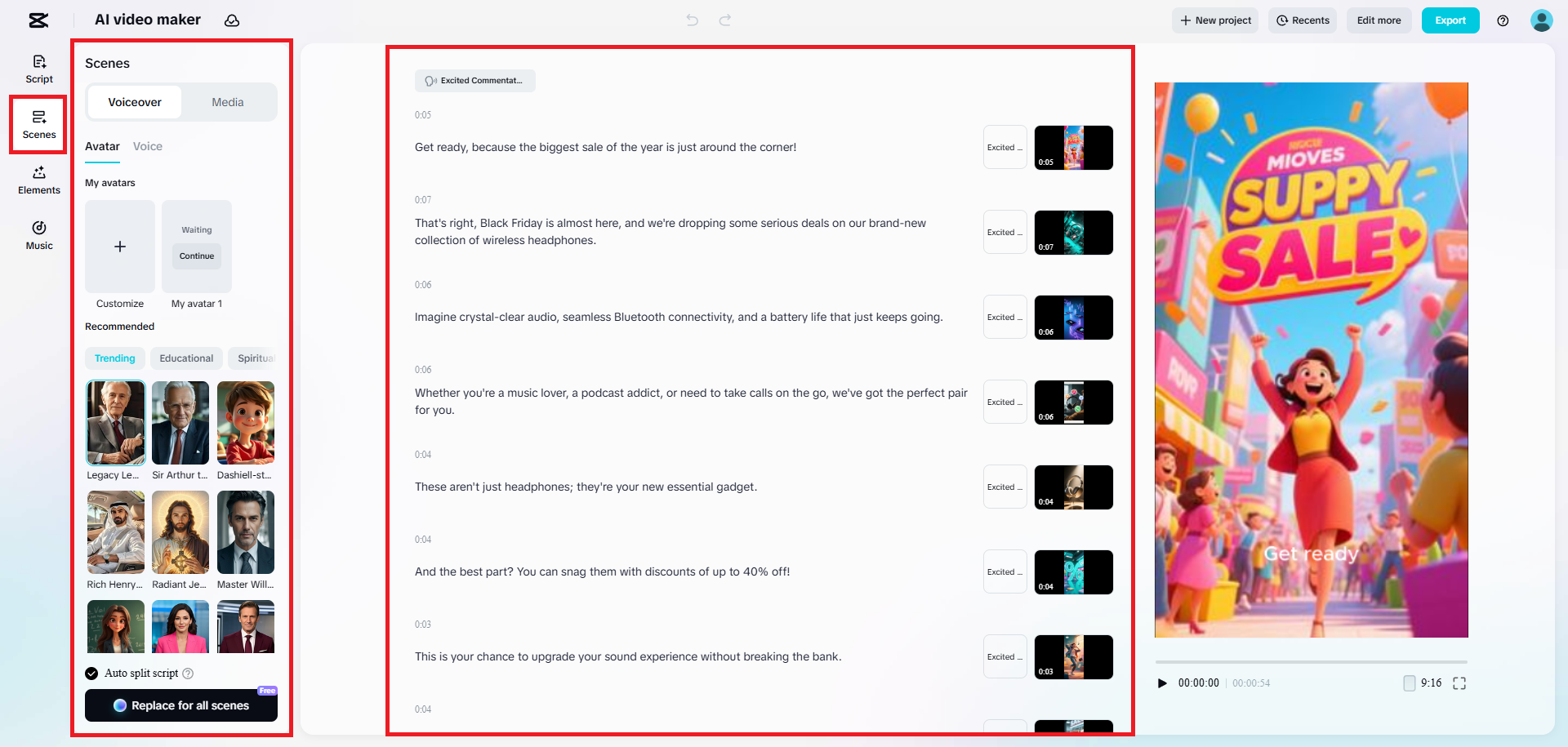 Edite o script, a narração, os avatares, os meios gerados, etc.